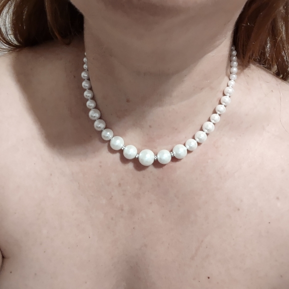 GENUINE 6-14MM WHITE SEA SHELL ROUND PEARL BEADS NECKLACE JEWELRY 17" CHOKER - Picture 3 of 7